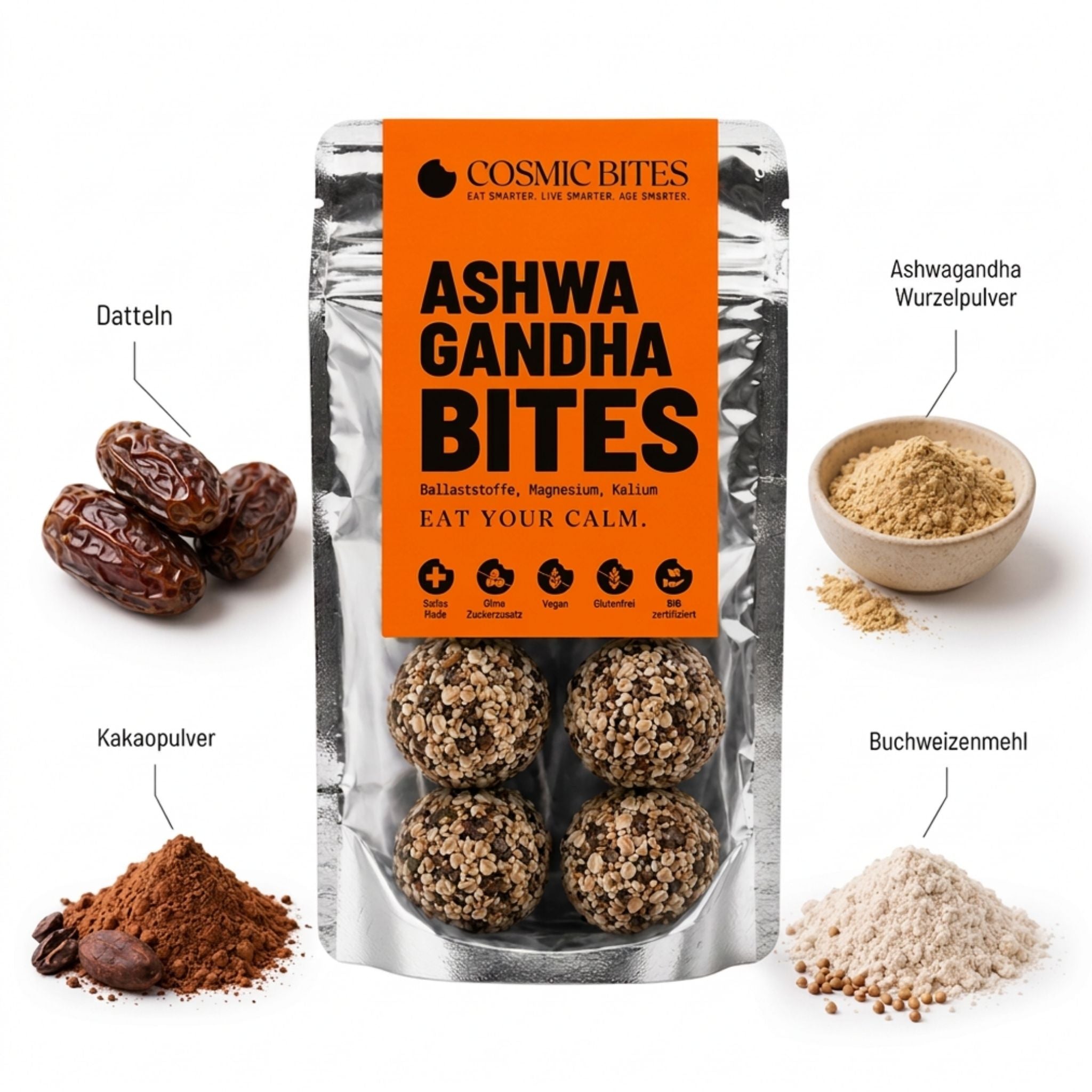 BIO Ashwagandha Bites mit Ballaststoffen, Magnesium, Kalium