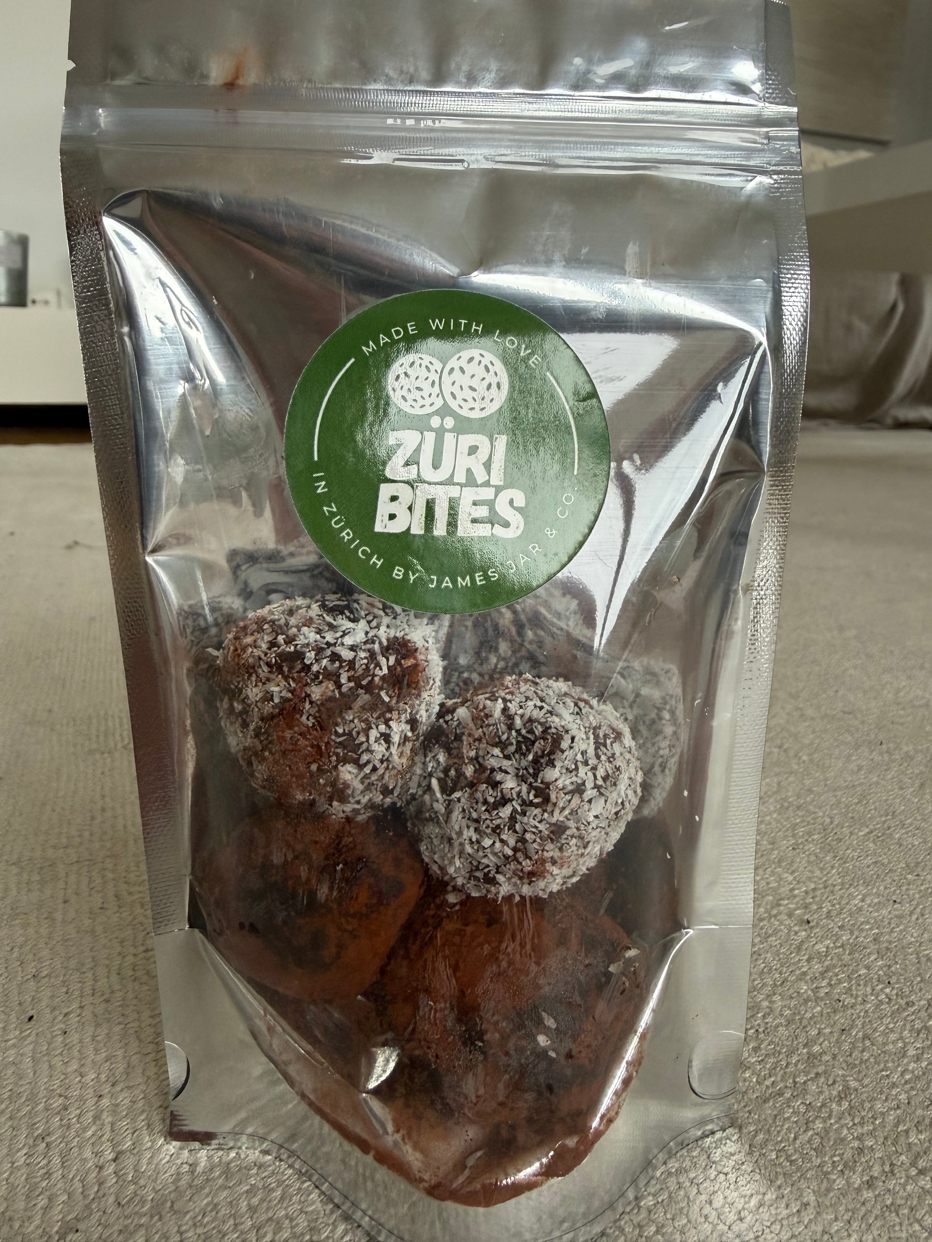 BIO Züri Bites – Datteln, Haselnüsse, Cranberries, 100% Kakao, Kokosraspeln