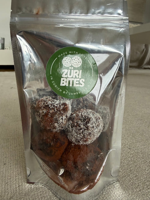 BIO Züri Bites – Datteln, Haselnüsse, Cranberries, 100% Kakao, Kokosraspeln